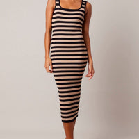 Beige Stripe Knit Midi Dress Sleeveless Scoop Neck Bodycon Rib