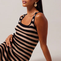Beige Stripe Knit Midi Dress Sleeveless Scoop Neck Bodycon Rib
