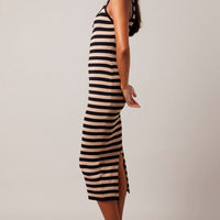 Beige Stripe Knit Midi Dress Sleeveless Scoop Neck Bodycon Rib
