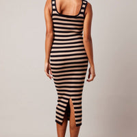 Beige Stripe Knit Midi Dress Sleeveless Scoop Neck Bodycon Rib
