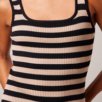 Beige Stripe Knit Midi Dress Sleeveless Scoop Neck Bodycon Rib