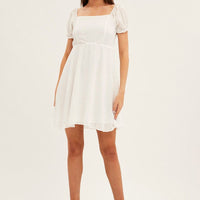 White Square Neck Puff Sleeve Skater Dress