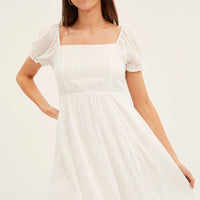 White Square Neck Puff Sleeve Skater Dress