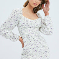 White Floral Midi Dress Long Sleeve Gathering Bust