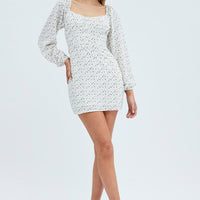 White Floral Midi Dress Long Sleeve Gathering Bust