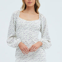White Floral Midi Dress Long Sleeve Gathering Bust