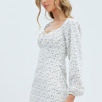 White Floral Midi Dress Long Sleeve Gathering Bust