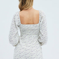 White Floral Midi Dress Long Sleeve Gathering Bust