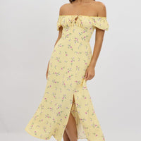 Yellow Floral Midi Dress Ruched Bust