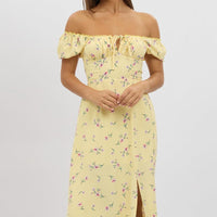Yellow Floral Midi Dress Ruched Bust