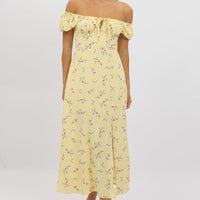 Yellow Floral Midi Dress Ruched Bust