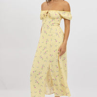 Yellow Floral Midi Dress Ruched Bust