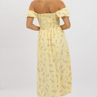Yellow Floral Midi Dress Ruched Bust