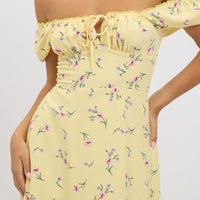 Yellow Floral Midi Dress Ruched Bust