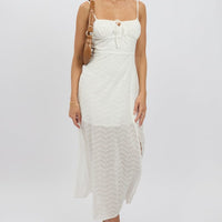 White Midi Dress Gathered Bust Eyelet Fabric