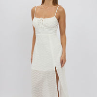 White Midi Dress Gathered Bust Eyelet Fabric