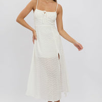 White Midi Dress Gathered Bust Eyelet Fabric