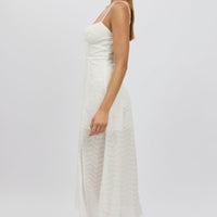 White Midi Dress Gathered Bust Eyelet Fabric