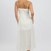 White Midi Dress Gathered Bust Eyelet Fabric