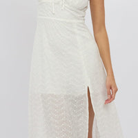 White Midi Dress Gathered Bust Eyelet Fabric