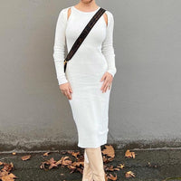 White Midi Dress Long Sleeve Keyhole Bodycon Rib Knit