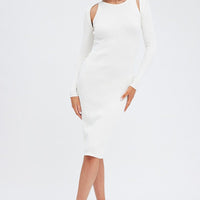 White Midi Dress Long Sleeve Keyhole Bodycon Rib Knit