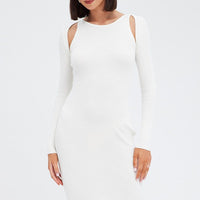 White Midi Dress Long Sleeve Keyhole Bodycon Rib Knit