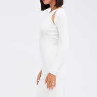 White Midi Dress Long Sleeve Keyhole Bodycon Rib Knit