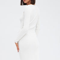 White Midi Dress Long Sleeve Keyhole Bodycon Rib Knit