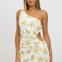 White Floral One Shoulder Midi Dress