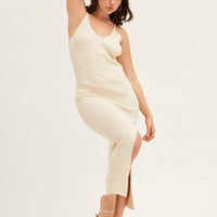 Beige V Neck Kint Midi Dress