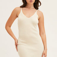 Beige V Neck Kint Midi Dress