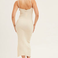 Beige V Neck Kint Midi Dress