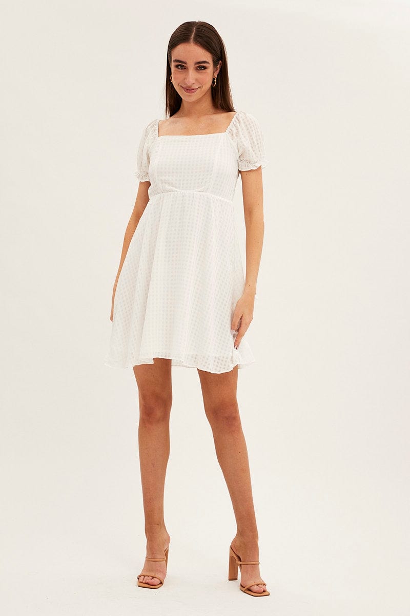White Square Neck Puff Sleeve Skater Dress
