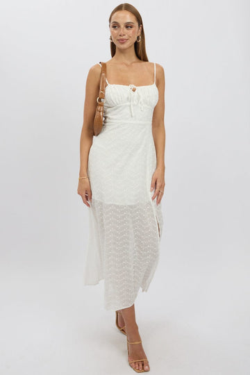 White Midi Dress Gathered Bust Eyelet Fabric