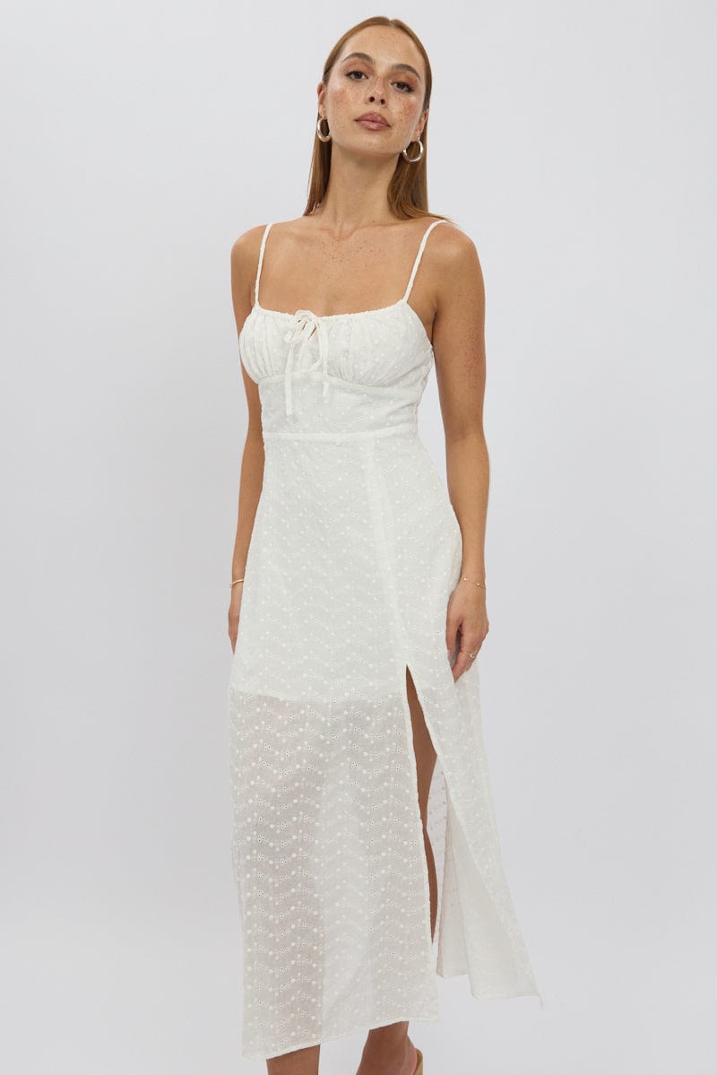 White Midi Dress Gathered Bust Eyelet Fabric