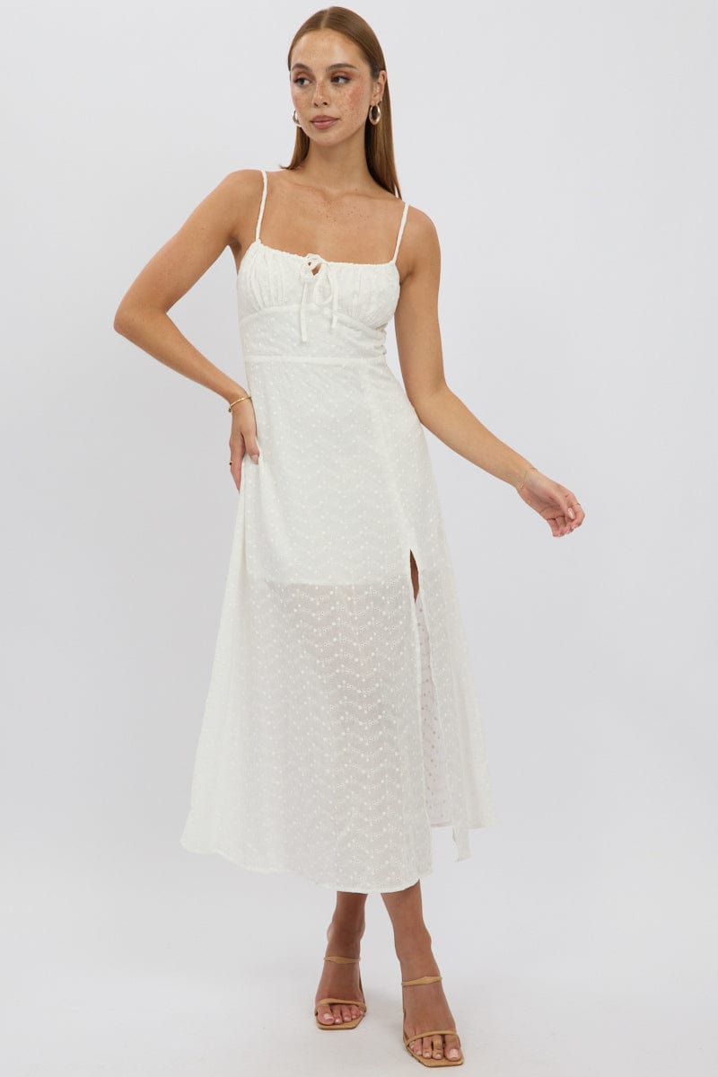 White Midi Dress Gathered Bust Eyelet Fabric