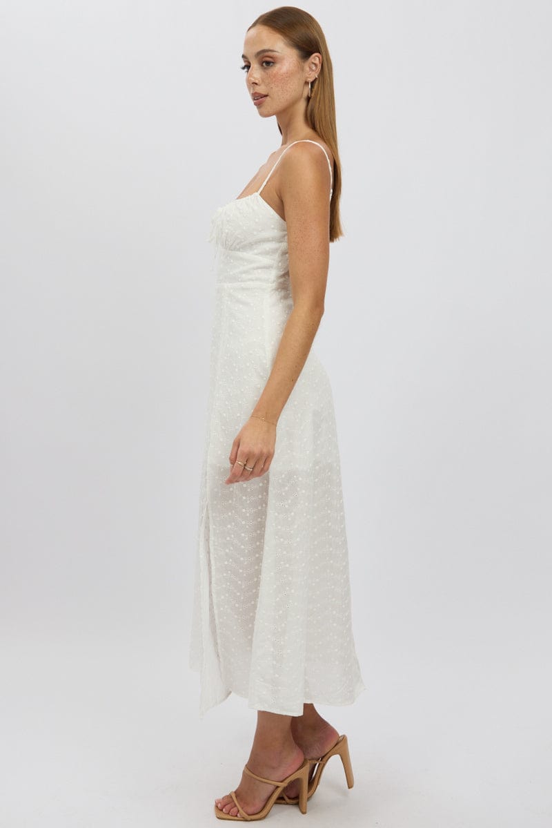 White Midi Dress Gathered Bust Eyelet Fabric