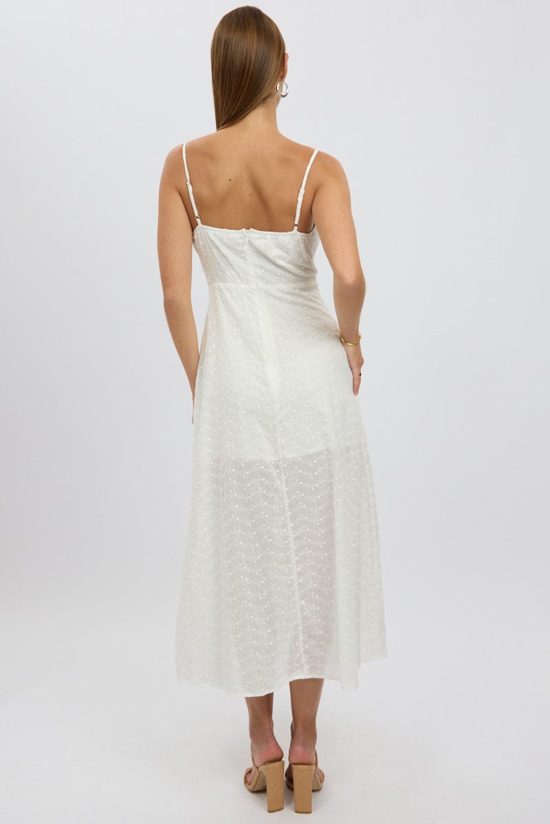 White Midi Dress Gathered Bust Eyelet Fabric