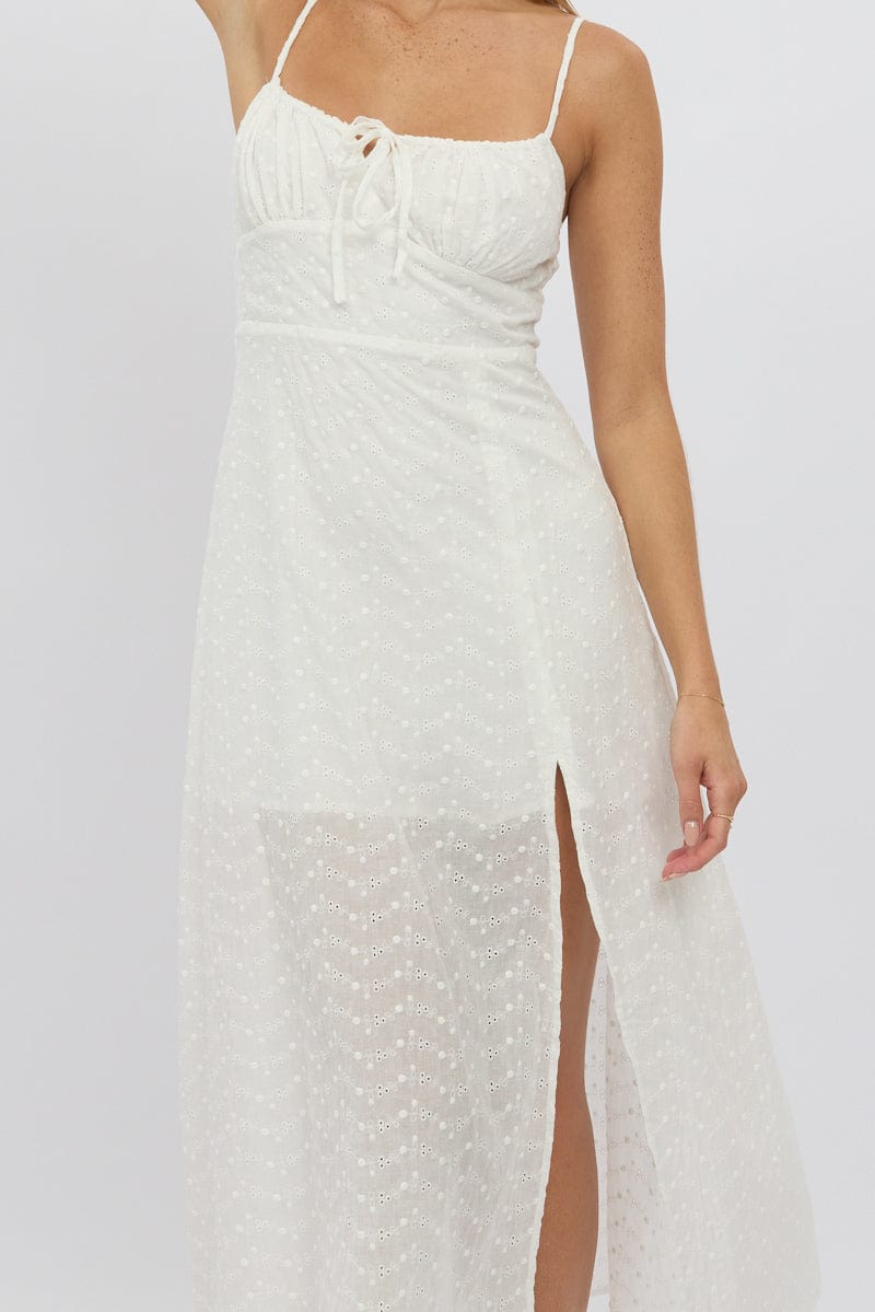 White Midi Dress Gathered Bust Eyelet Fabric
