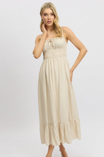 Beige Midi Dress Tiered Strappy