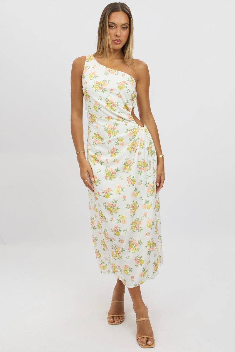White Floral One Shoulder Midi Dress
