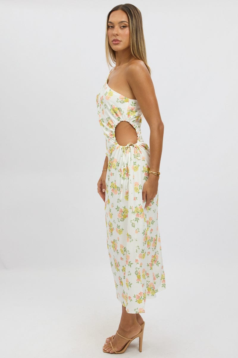 White Floral One Shoulder Midi Dress