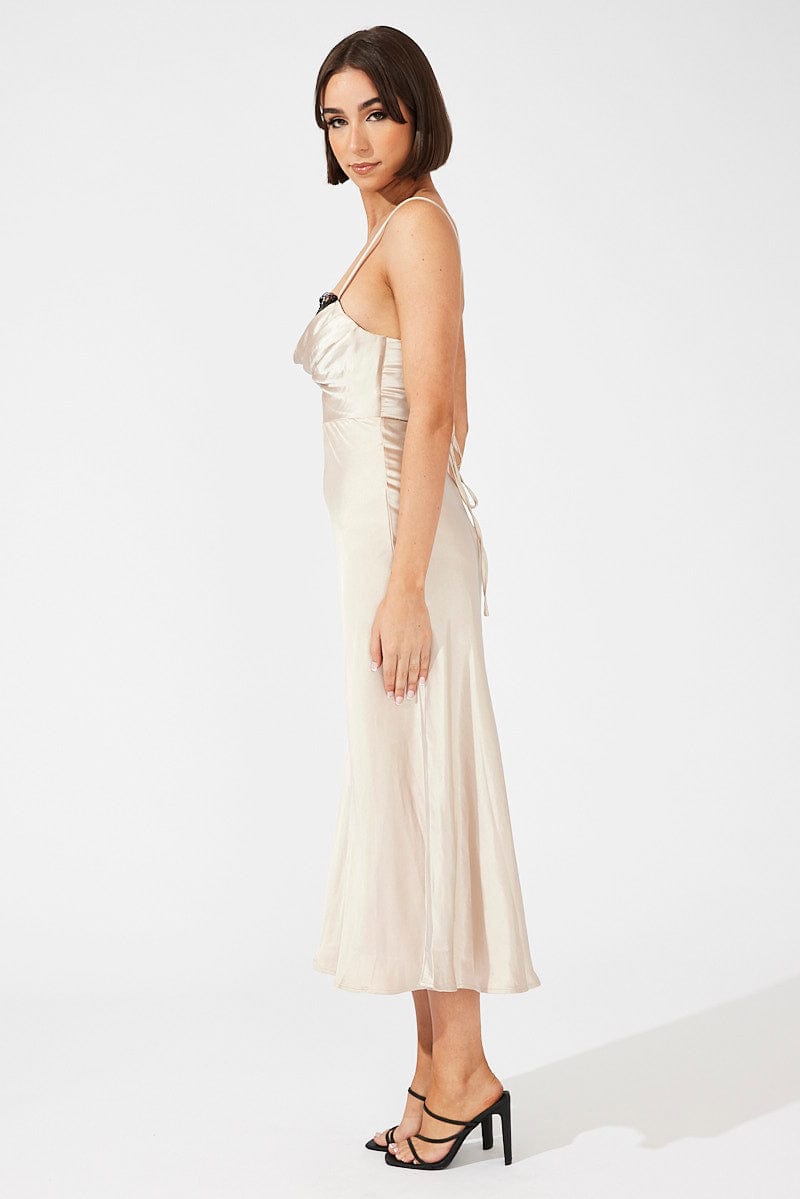 Beige Midi Dress Sleeveless Cowl Neck Satin Slip Lace