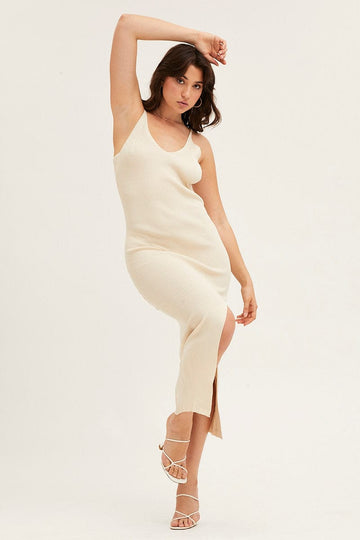 Beige V Neck Kint Midi Dress