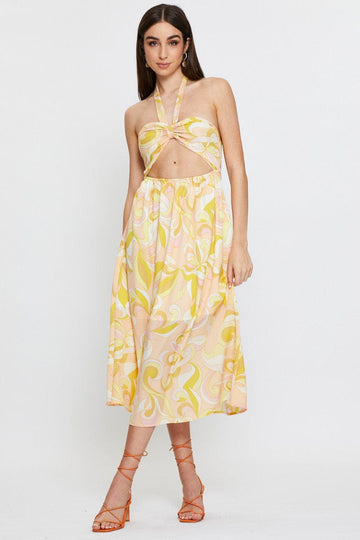 Abstract Print Maxi Dress Sleeveless Halter Neck