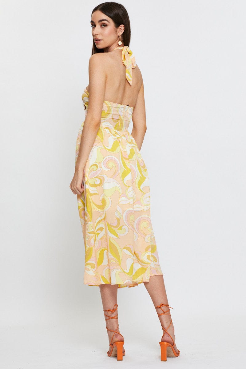 Abstract Print Maxi Dress Sleeveless Halter Neck